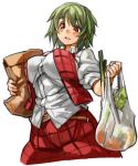  1girl bag belt breasts food green_hair kazami_yuuka large_breasts looking_down parted_lips plaid plaid_skirt plaid_vest puffy_sleeves red_eyes sachito shirt short_hair short_sleeves simple_background skirt skirt_set solo touhou vest white_background 