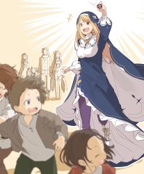  +++ ._. 8_humi :d beatrice_(re:zero) blonde_hair breasts brown_background brown_hair chasing child closed_eyes commentary_request crown emilia_(re:zero) fang fillole_(re:zero) highres holding long_hair long_sleeves mini_crown multiple_boys multiple_girls natsuki_subaru nun nun_headdress open_mouth playing re:zero_kara_hajimeru_isekai_seikatsu red_eyes rem_(re:zero) shoes simple_background smile standing twintails white_shoes 