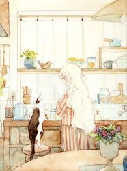  1girl basket cat chyoma commentary cowboy_shot curtains english_commentary flower highres indoors jar kettle kitchen long_hair looking_at_animal open_mouth original painting_(medium) pajamas pants plant potted_plant shirt sink soap_dispenser solo stool striped_clothes striped_pants striped_shirt table traditional_media watercolor_(medium) wavy_hair white_hair window 