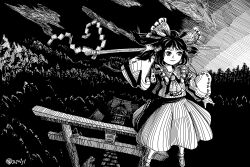  1girl ascot bow building closed_mouth clouds commentary_request detached_sleeves floating forest frilled_bow frills gohei greyscale hair_bow hair_tubes hakurei_reimu hakurei_shrine highres holding holding_gohei long_hair monochrome nature outdoors ribbon-trimmed_sleeves ribbon_trim shoes smile socks solo super-flat-world torii touhou 