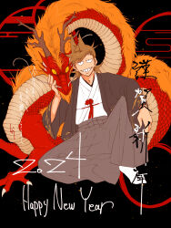  1boy 2024 alternate_costume antenna_hair black_background black_eyes brown_hair chinese_zodiac commentary_request dragon eastern_dragon eddsworld english_text fewer_digits flipped_hair grey_pants grin hair_ears hakama hakama_pants happy_new_year highres japanese_clothes jitome long_sleeves looking_at_viewer male_focus mixed-language_text new_year pants roukon24 sanpaku short_hair sitting smile smug solo tord_(eddsworld) translation_request year_of_the_dragon 