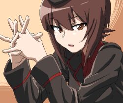  1girl black_hat breasts brown_eyes brown_hair commentary_request garrison_cap girls_und_panzer hat interlocked_fingers jacket kuromorimine_military_uniform large_breasts long_hair looking_at_viewer military military_hat military_jacket military_uniform nishizumi_maho open_mouth pixel_art red_shirt shirt short_hair solo two-tone_background zimu 