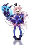  1girl 2014 absurdres athria blue_eyes blue_legwear blue_skirt bow claws crown dated detached_sleeves elsword hand_on_hip highres long_hair lu_(elsword) ribbon shoes signature skirt smile solo standing symbol-shaped_pupils tail thigh-highs white_background white_hair 