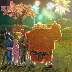  2boys 2girls aerial_fireworks alternate_costume bird_boy blue_kimono cherry_blossoms daruk fireworks fish_girl from_behind fuyumaru_mominoki goron green_kimono head_tail highres japanese_clothes kimono mipha multiple_boys multiple_girls orange_kimono outdoors pink_kimono pointing purple_hair revali rito standing the_legend_of_zelda the_legend_of_zelda:_breath_of_the_wild urbosa zora 