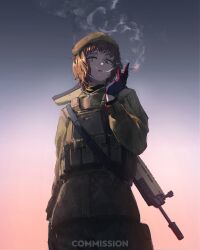  1girl absurdres battle_rifle beret black_gloves black_scarf brown_hair bulletproof_vest camouflage cigarette commentary commission cowboy_shot digital_camouflage flag_patch fn_scar_17 french_flag gandy_(gan3e46) gloves gradient_background green_eyes grey_background gun hat highres holding holding_cigarette looking_at_viewer medium_hair military_combat_uniform military_uniform natalie_(qvit11) original parted_lips patch red_background rifle scarf smoke smoke_trail soldier solo ukrainian_flag weapon weapon_on_back 