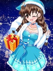  1girl alternate_hairstyle bag bell blue_choker blue_dress blue_ribbon blue_santa_costume blush braid breasts brown_eyes brown_hair choker collarbone commentary_request dress earlobe1514366 earrings emblem frilled_dress frills fur-trimmed_jacket fur_trim gift gift_bag girls_und_panzer girls_und_panzer_senshadou_daisakusen! hair_ornament hair_tie hairpin hat highres holding holding_bag holding_gift jacket jewelry jingle_bell large_breasts long_braid long_hair necklace night official_alternate_costume official_alternate_hairstyle one_eye_closed open_mouth red_ribbon ribbon ribbon_choker rukuriri_(girls_und_panzer) santa_costume santa_hat snowflake_print st._gloriana's_(emblem) star_(sky) translation_request twin_braids waist_ribbon white_jacket 