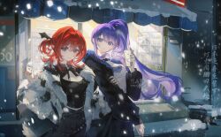  2girls absurdres alternate_costume artist_request artist_self-insert blunt_bangs blunt_ends center_opening closed_mouth coat commentary_request commission commissioner_insert contemporary couple cup disposable_cup fur-trimmed_jacket fur_coat fur_trim genshin_impact hair_between_eyes hair_intakes hair_ornament hairpin hand_up head_tilt heterochromia highres holding holding_another's_arm holding_cup index_finger_raised jacket long_hair long_sleeves looking_at_viewer looking_to_the_side multiple_girls oc_x_canon open_clothes open_jacket original outdoors purple_hair purple_nails raiden_shogun red_hair ribbon shade standing upper_body violet_eyes yilinglaozu121 yuri 