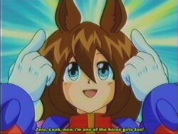  1990s_(style) 1girl animal_ears blue_eyes brown_hair dress english_commentary faux_retro_artstyle gloves highres horse_ears horse_girl iris_(mega_man) long_hair looking_up lueduar mega_man_(series) mega_man_x_(series) multicolored_dress open_mouth pointing pointing_up retro_artstyle smile solo subtitled umamusume upper_body vhs_artifacts white_gloves 
