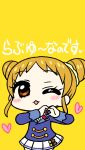  1girl :&lt;&gt; ;o aikatsu! arisugawa_otome blush_stickers chan_co chibi double_bun heart one_eye_closed short_hair solo translation_request yellow_background 
