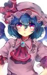  1girl ascot bat_wings blue_hair frills ginzuki_ringo hat hat_ribbon highres jewelry looking_at_viewer mob_cap parted_lips portrait puffy_sleeves red_eyes remilia_scarlet ribbon shirt short_hair short_sleeves simple_background solo touhou white_background wings 