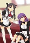  2girls alternate_costume blue_eyes enmaided fate/stay_night fate_(series) guroto hair_ribbon highres long_hair maid matou_sakura multiple_girls purple_hair ribbon thigh-highs tohsaka_rin toosaka_rin two_side_up violet_eyes white_legwear zettai_ryouiki 