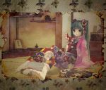  1girl aqua_eyes aqua_hair aronia border haori hatsune_miku holding horse indoors japanese_clothes kimono lips looking_at_viewer muted_color obi pale_skin sash sitting solo string tabi tatami toy twintails vocaloid 