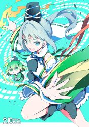  2girls blue_eyes blue_skirt chibi commentary_request dated detached_sleeves frilled_skirt frills ghost_tail green_nails grey_hair high_ponytail highres ichizen_(o_tori) looking_at_viewer mononobe_no_futo multiple_girls open_mouth ponytail skirt soga_no_tojiko touhou wide_sleeves 