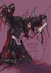  1boy 1other asymmetrical_horns black_boots black_gloves black_hair black_jacket black_mask black_pantyhose blood blood_on_face boots chained_wrists chest_markings clawed_gauntlets clothes_grab commentary_request cropped_jacket demon_horns disembodied_hand final_fantasy final_fantasy_vii final_fantasy_vii:_ever_crisis foot_out_of_frame furrowed_brow gloves highres horns jacket kneeling male_focus mask microphone mouth_mask neckwear_grab official_alternate_costume pantyhose purple_background red_eyes restrained star_klef thigh_strap twitter_username vincent_valentine vincent_valentine_(galian_beast_mantle) 