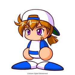  1boy artist_request bandaid bandaid_on_cheek bandaid_on_face baseball_cap baseball_uniform blue_hat blue_shirt blue_shoes brown_hair copyright_notice hat highres ikari_susumu jikkyou_powerful_pro_yakyuu jikkyou_powerful_pro_yakyuu_(style) low_ponytail multicolored_hat multicolored_shirt multicolored_shoes no_mouth official_art ponytail rayman_limbs shirt shoes solo sportswear thick_eyebrows two-tone_shirt two-tone_shoes violet_eyes white_hat white_shirt white_shoes 