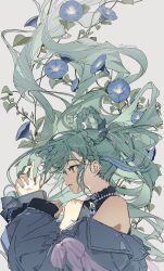  1girl absurdres aqua_eyes aqua_hair aqua_nails bead_necklace beads blue_flower braid braided_hair_rings chinese_commentary commentary_request flower from_side hair_ornament hair_rings hatsune_miku highres holding holding_star jewelry long_hair magical_mirai_(vocaloid) magical_mirai_miku magical_mirai_miku_(2025) morning_glory necklace off_shoulder parted_lips profile simple_background solo star_(symbol) star_hair_ornament turtleneck upper_body very_long_hair vocaloid white_background zhibuji_loom 