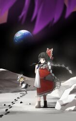  2girls apron ascot black_shoes black_skirt black_vest blonde_hair blue_ascot bow brown_eyes brown_hair closed_mouth commentary_request crescent crescent_pin dauchimk_1 detached_sleeves earth_(planet) frilled_bow frilled_hair_tubes frilled_skirt frills gohei hair_bow hair_tubes hakurei_reimu hat hat_bow highres holding holding_gohei junko_(touhou) kirisame_marisa legacy_of_lunatic_kingdom long_hair looking_at_viewer looking_back multiple_girls on_moon open_mouth planet puffy_short_sleeves puffy_sleeves red_bow red_skirt ribbon-trimmed_sleeves ribbon_trim shoes short_sleeves skirt skirt_set smile touhou vest waist_apron white_apron white_bow witch_hat yellow_eyes 