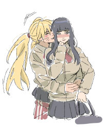  2girls alternate_costume alternate_universe bag beerenfuchs blunt_bangs blush closed_mouth collared_shirt couple hair_between_eyes handbag happy highres holding hug hug_from_behind hyuuga_hinata jacket layered_clothes light_smile long_hair long_sleeves multiple_girls naruko_(naruto) naruto_(series) naruto_shippuuden nose_blush pants pants_under_skirt parted_lips school_uniform shirt shy simple_background skirt smile straight_hair twintails upper_body uzumaki_naruto whiskers white_background yuri 