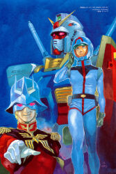  1980s_(style) 1990s_(style) 2004 2boys amuro_ray belt char_aznable combat_helmet dated earth_federation epaulettes eye_mask gundam helmet highres looking_at_viewer magazine_scan mask mecha mecha_pilot_suit military_rank_insignia military_uniform mobile_suit mobile_suit_gundam mobile_suit_gundam_the_origin multiple_boys official_art painting_(medium) promotional_art red_eyes retro_artstyle robot rx-78-2_gundam scan science_fiction shield signature space_helmet spacesuit traditional_media v-fin yasuhiko_yoshikazu zeon 