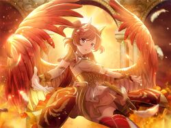  1girl aijou_karen archangel_uriel archangel_uriel_(cosplay) armor backlighting breasts brown_eyes brown_hair cosplay dress earrings fake_horns fake_wings falling_feathers feathered_wings feathers game_cg horns jewelry looking_at_viewer medium_breasts official_art orange_wings outstretched_arms parted_lips pillar short_hair shoujo_kageki_revue_starlight shoujo_kageki_revue_starlight_-re_live- shoulder_armor solo swept_bangs the_bible two_side_up upper_body white_dress wings wrist_guards yellow_theme 
