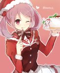  1girl ;p bow cake food fork hair_bobbles hair_ornament hat heart hiiragisouren kantai_collection one_eye_closed pink_eyes pink_hair santa_costume santa_hat sazanami_(kantai_collection) simple_background smile solo tagme tongue tongue_out twintails twitter_username 
