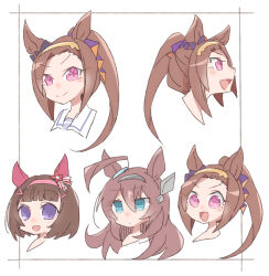  >:) 3girls :d ahoge animal_ears beer_hsk blue_eyes brown_hair closed_mouth commentary_request cropped_shoulders flower-shaped_pupils forehead grey_hairband hair_between_eyes hair_ornament hairband hairclip horse_ears long_hair mihono_bourbon_(umamusume) multiple_girls nishino_flower_(umamusume) pink_hairband ponytail profile sakura_bakushin_o_(umamusume) school_uniform sidelocks smile symbol-shaped_pupils tracen_school_uniform umamusume v-shaped_eyebrows violet_eyes white_background x_hair_ornament 