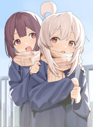  2girls :d :o absurdres ahoge black_coat blue_hair breath brown_eyes brown_hair coat colored_inner_hair commentary day double-parted_bangs enpera hair_between_eyes hands_on_another's_shoulders highres hozuki_momiji long_sleeves looking_at_viewer matching_accessory multicolored_hair multiple_girls onii-chan_wa_oshimai! open_mouth outdoors oyama_mahiro scarf school_gateway short_hair shosann1612 smile two-tone_hair white_hair 