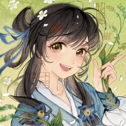  1girl bell black_hair blue_ribbon brown_eyes chinese_clothes commentary_request commission danyaji flower green_background hair_bell hair_flower hair_ornament hair_ribbon hair_rings hanfu highres holding ink_wash_painting leaf long_hair long_sleeves looking_at_viewer low-tied_sidelocks maomao_fulvshui open_mouth original petals ribbon sidelocks smile solo teeth upper_body 
