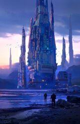  2boys building clouds cloudy_sky commentary english_commentary flock from_behind gradient_sky highres lake landscape multiple_boys orange_sky original outdoors painterly raphael-lacoste reflection reflective_liquid rock scenery science_fiction shore signature sky sunlight tactical_clothes tower water yellow_sky 