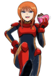  1girl black_bodysuit bodysuit candy chocolate commentary_request food gacha-m gloves gundam gundam_zz heart heart-shaped_chocolate heart-shaped_food looking_at_viewer mecha_pilot_suit open_mouth orange_hair pov puru_two red_gloves short_hair simple_background smile solo stepped_on valentine violet_eyes white_background 