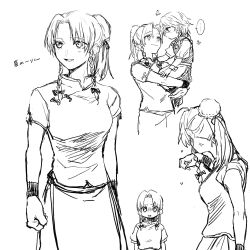  ... 2girls aged_down apron bow braid bun_cover carrying carrying_person child child_carry commentary_request eye_contact greyscale hair_bow hair_bun highres hong_meiling izayoi_sakuya looking_at_another maid monochrome multiple_girls open_mouth short_sleeves smile spoken_ellipsis touhou translation_request twin_braids ukei624 waist_apron wrist_cuffs 