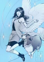  1girl angel_wings angelo_(ff8) arm_ribbon arm_warmers bare_shoulders bike_shorts bike_shorts_under_skirt black_boots black_hair black_ribbon black_shirt black_shorts blue_background blue_theme boots breasts dog feathered_wings final_fantasy final_fantasy_viii full_body hashtag-only_commentary highres jewelry long_hair looking_at_viewer medium_breasts miniskirt monochrome necklace open_mouth papermoon892 ribbon ring ring_necklace rinoa_heartilly shirt shorts skirt sleeveless sleeveless_shirt smile sparkle white_wings wings 