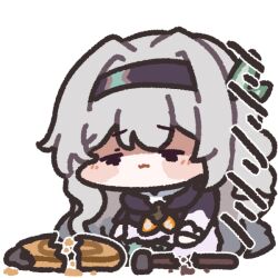  1girl aqua_dress black_hairband black_jacket blush_stickers chibi commentary_request dress firefly_(honkai:_star_rail) gong grey_hair hair_between_eyes hair_intakes hair_ornament hairband hammer honkai:_star_rail honkai_(series) jacket korean_commentary long_hair neckerchief oldstore orange_neckerchief sad solo 