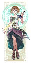  1girl aqua_eyes baehee5502 bare_shoulders blonde_hair bracelet braid breasts brown_sandals center_opening circlet commentary_request crossed_legs crown_braid dress earrings floating full_body highres holding holding_sword holding_weapon jewelry korean_commentary long_dress magatama magatama_necklace master_sword medium_breasts necklace parted_bangs parted_lips pendant_choker pointy_ears princess_zelda sandals short_hair sidelocks solo strapless strapless_dress sword the_legend_of_zelda the_legend_of_zelda:_tears_of_the_kingdom weapon white_background 