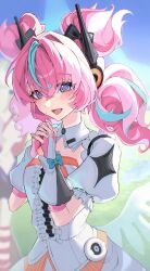  1girl angels_of_delusion aqua_streaks aria_(zenless_zone_zero) blue_eyes center_frills commentary crossed_bangs dress fingerless_gloves frills gloves hair_between_eyes hair_intakes highres interlocked_fingers korean_commentary mechanical_ears multicolored_hair open_mouth own_hands_clasped own_hands_together pink_gloves pink_hair praying puffy_short_sleeves puffy_sleeves short_sleeves smile solo sparkling_eyes streaked_hair sweat u_u5ek5 upper_body white_dress zenless_zone_zero 