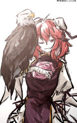  1girl absurdres animal_on_arm artist_name bandaged_arm bandages bird bird_on_arm bun_cover commentary_request dated double_bun eagle flower hair_bun highres ibaraki_kasen kanda_(touhou) looking_at_viewer one-hour_drawing_challenge one_eye_closed pink_eyes pink_flower pink_hair pink_rose red_eyes red_hair red_tabard rose shirt simple_background smile solo tabard touhou ve1024 white_background white_shirt 