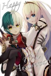  1boy 1girl bare_shoulders black_pantyhose blonde_hair blue_eyes carrying commentary_request crossed_bangs detached_sleeves dress english_text ex_(grimms_notes) ex_(repage)_(grimms_notes) gold_tiara grimms_notes hair_between_eyes happy_anniversary highres long_hair long_sleeves looking_at_viewer multicolored_hair open_mouth pantyhose princess_carry puffy_long_sleeves puffy_sleeves reina_viehmann_(grimms_notes) short_hair simple_background skirt smile sword sword_on_back tofubone two-tone_hair upper_body very_long_hair weapon weapon_on_back white_background white_dress white_skirt yellow_eyes 