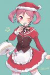  1girl apron cake food fork fujino_(unajisaiko) hat kantai_collection pink_hair rabbit santa_costume santa_hat sazanami_(kantai_collection) strawberry_shortcake thigh-highs 