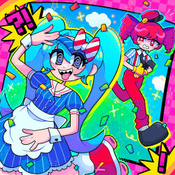  ! !? 2girls absurdres alternate_costume apron blue_eyes blue_hair border hatsune_miku highres inky_trash kasane_teto mesmerizer_(vocaloid) multiple_girls pink_border red_eyes red_hair twintails vocaloid waitress 