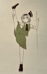  1girl absurdres black_hairband collared_shirt commentary_request full_body green_skirt green_vest grey_hair hairband highres kasuokasuto konpaku_youmu leg_up puffy_short_sleeves puffy_sleeves shirt shoes short_hair short_sleeves skirt skirt_set socks solo split standing standing_on_one_leg standing_split touhou traditional_media vest white_shirt white_socks 