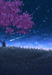  absurdres cherry_blossoms grass highres night no_humans original outdoors pixel_art scenery shooting_star timpershd tree 