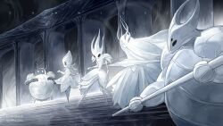  2boys 3girls armor armored_dress arthropod_boy arthropod_girl arthropod_horns arthropod_limbs artist_name black_background blank_eyes colored_skin commission darkdog dress dryya_(hollow_knight) extra_eyes extra_horns faceless facing_to_the_side fake_horns floating_hair fog full_armor grey_horns grey_mourner_(hollow_knight) grey_skin hegemol_(hollow_knight) helmet highres holding holding_mace holding_polearm holding_weapon hollow_eyes hollow_knight horned_helmet horned_mask horns isma_(hollow_knight) leaf long_dress long_hair looking_to_the_side mace mask mature_female mature_male multiple_boys multiple_girls needle_(hollow_knight) on_stairs outstretched_arms pillar polearm short_dress shoulder_armor signature spear stairs very_long_hair weapon white_armor white_defender_(hollow_knight) white_dress white_hair white_helmet white_mask white_skin 
