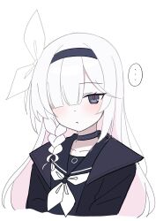  ... 1girl absurdres black_choker black_eyes black_hairband black_jacket black_shirt blue_archive choker closed_mouth colored_inner_hair commentary_request hair_over_one_eye hairband highres jacket long_hair looking_at_viewer multicolored_hair neckerchief nyanzai-sensei open_clothes open_jacket pink_hair plana_(blue_archive) shirt simple_background solo spoken_ellipsis upper_body white_background white_hair white_neckerchief 