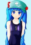  1girl alternate_hairstyle bare_shoulders blue_background blue_eyes blue_hair blush blush_stickers breasts collarbone covered_navel hair_bobbles hair_ornament hat kawashiro_nitori long_hair one-piece_swimsuit open_clothes open_mouth open_shirt school_swimsuit shiny shiny_clothes shirt short_twintails simple_background solo swimsuit swimsuit_under_clothes touhou twintails 