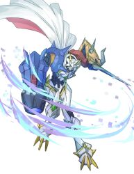  absurdres arm_blade arm_cannon armor cape digimon digimon_(creature) energy_cannon energy_gun highres horns mecha mix_(candlmix) omegamon omegamon_x-antibody robot shoulder_armor two-sided_cape two-sided_fabric weapon white_armor white_background white_cape x-antibody 