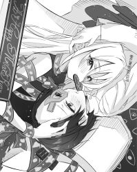  2girls blush candy chocolate chocolate_bar commentary_request dress eyes_on_wings food food_in_mouth greyscale half_mask heart heart-shaped_chocolate heart-shaped_food highres iwanaga_ariya long_hair long_sleeves mask mask_over_one_eye medium_hair meimei_(meimei89008309) monochrome mouth_hold multiple_girls open_mouth ribbon_around_body shirt touhou turtleneck turtleneck_dress twitter_username yuiman_asama yuri 