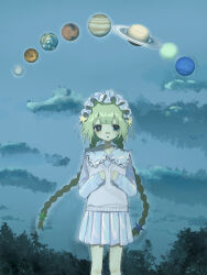  1girl bandaid bandaid_on_face bandaid_on_nose braid clouds commentary_request feet_out_of_frame frilled_hairband frills hairband hayu_(hayu0305) heterochromia highres long_hair long_sleeves looking_at_viewer miniskirt original outdoors parted_lips planet pleated_skirt skirt solar_system standing straight-on sweater_vest twin_braids very_long_hair white_sweater_vest 