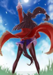  1girl animal_ears arm_up belt black_thighhighs blue_skirt blue_sky blunt_ends blurry blurry_background brown_hair clouds cloudy_sky coat commentary day depth_of_field el_condor_pasa_(el_numero_1)_(umamusume) el_condor_pasa_(umamusume) from_behind grass hand_on_own_hip highres horse_ears horse_girl horse_tail long_hair long_sleeves loose_belt miniskirt outdoors pleated_skirt pointing pointing_up ponytail red_belt red_coat skirt sky solo standing tail thigh-highs umamusume wind wind_lift yuto_(dialique) 