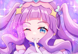  1girl brooch clothing_cutout commentary cure_majesty dress earclip ellee-chan finger_to_mouth gloves hair_ornament highres hirogaru_sky!_precure jewelry long_hair looking_at_viewer magical_girl one_eye_closed open_mouth precure purple_background purple_dress purple_hair purple_theme runa_(runa7733) shoulder_cutout smile solo sparkle two_side_up white_gloves wing_brooch wing_hair_ornament 