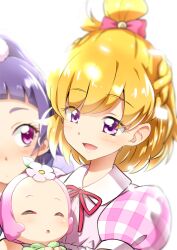  3girls asahina_mirai baby baby_carry backlighting blonde_hair blurry blurry_background blush bow braid carrying casual checkered_clothes checkered_shirt closed_mouth collared_shirt commentary depth_of_field ha-chan_(mahou_girls_precure!) hair_bow izayoi_liko looking_at_another mahou_girls_precure! motherly multiple_girls neck_ribbon one_side_up open_mouth pink_bow pink_shirt precure puffy_short_sleeves puffy_sleeves purple_hair red_ribbon ribbon shirt short_hair short_sleeves smile violet_eyes wing_collar yuto_(dialique) 